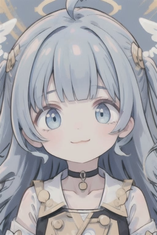 chibi, cute, masterpiece, best quality, light smile, close-up, white background,sparklehsr,chibi,1girl, angel, (white hair), long curly hair, ((two side up)), blue eyes, (curly hair:1.2), (wavy hair), (hair curls), (blunt bangs), (two side up), two (blue) hair ties on head, (Double golden halo on her head), choker, angel wings,ahoge,, bangs, ,pastel
