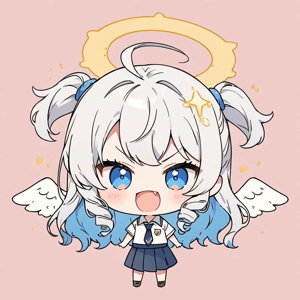 chibi, sd, masterpiece, made by a master, 4k, perfect anatomy, perfect details, best quality, high quality, lots of detail.
(solo),1girl, ((angel)), ((white hair)), long curly hair, (two side up), blue eyes,  (curly hair:1.2), (wavy hair), (hair curls), (bangs), (two side up), two ((blue)) hair ties on head, (Double golden halo on her head), choker, ((angel wings)), ahoge, school uniform,white shirt, black tie, Black pleated skirt, punching, single, open mouth, looking at viewer, smiling,(>_<), fang, happy, slightly angry, chibi, Emote Chibi. simple background, Line,cute comic,simple background, flat color,chibi,Cute girl,dal,Emote Chibi,chibi style,Chibi Style,lineart,Comic Book-Style 2d,2d