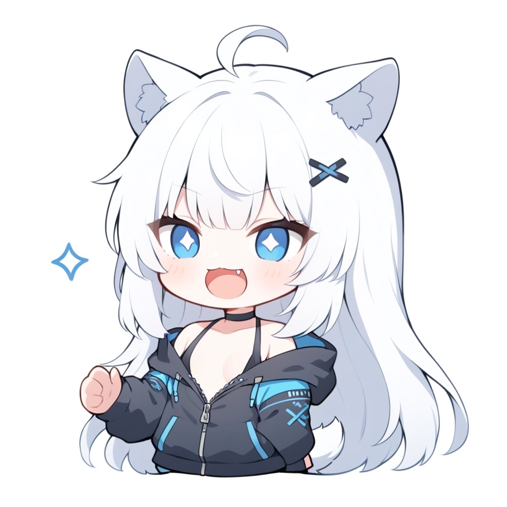 (chibi style), {{{masterpiece}}}, {{{best quality}}}, {{ultra-detailed}}, {beautiful detailed eyes}1girl, solo,  ((white hair)), very long hair, blue eyes, (straight hair), (bangs), animal ears, (stoat ears:1.2),
 Choker, ahoge, fangs, (big stoat Tail:1.2), (blue X hairpin), (black hooded oversized jacket:1.2), (jacket zipper half unzipped), (Off the shoulders), (rapping), (black sunglasses), upper body,chibi emote style,chibi,emote, cute,Emote Chibi,anime,cute comic,