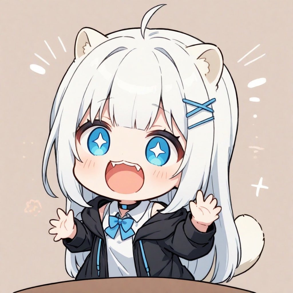 (chibi style),1girl, solo,  ((white hair)), very long hair, blue eyes, (straight hair), (bangs), animal ears, (stoat ears:1.2), Choker, ahoge, fangs, (big stoat Tail:1.2), (X hairpin),
(White sleeveless collared dress, blue chest bow), (black hooded oversized jacket:1.2), (Off the shoulders), ((>.<)), ((laughing)), simple background, white background, upper body, anime,Emote Chibi,comic book