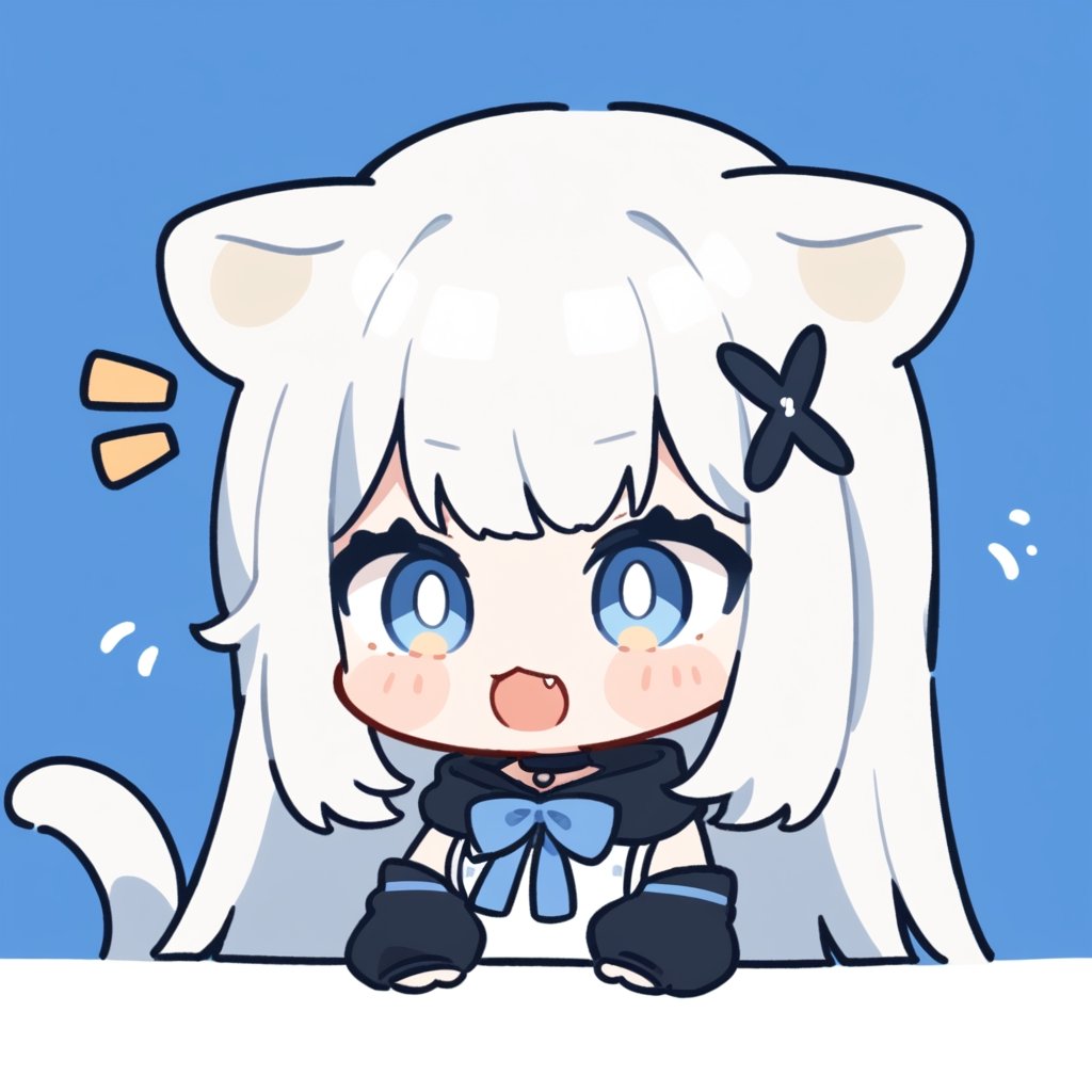 (chibi style), {{{masterpiece}}}, {{{best quality}}}, {{ultra-detailed}}, {beautiful detailed eyes},1girl, solo,  ((white hair)), very long hair, blue eyes, (straight hair), (bangs), animal ears, (stoat ears:1.2), Choker, ahoge, fangs, (big stoat Tail:1.2), (blue X hairpin), (White sleeveless collared dress, (Two-piece dress), (blue chest bow)), (black hooded oversized jacket:1.2), (Off the shoulders), (shock), (shocked expression), upper body,chibi emote style,chibi,emote, cute,Emote Chibi,anime,cute comic