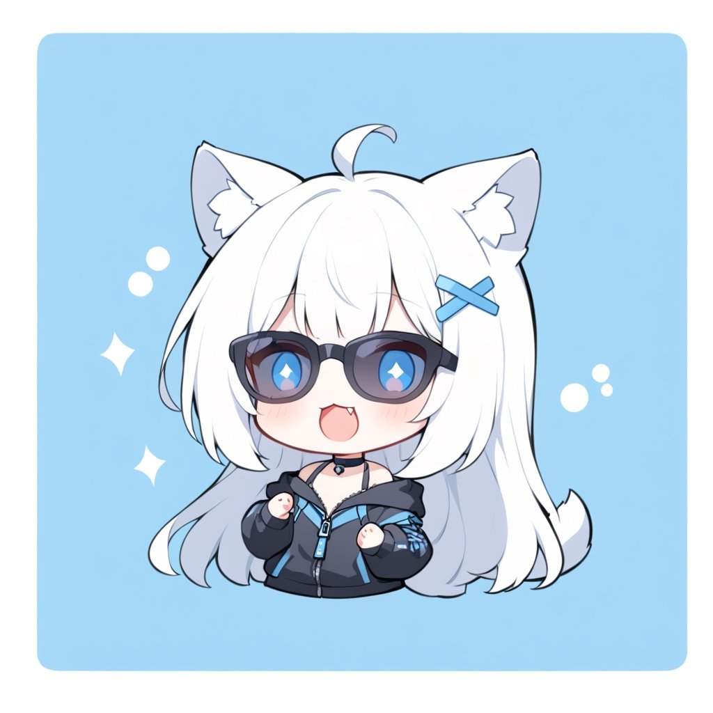 (chibi style), {{{masterpiece}}}, {{{best quality}}}, {{ultra-detailed}}, {beautiful detailed eyes}1girl, solo,  ((white hair)), very long hair, blue eyes, (straight hair), (bangs), animal ears, (stoat ears:1.2),
 Choker, ahoge, fangs, (big stoat Tail:1.2), (blue X hairpin), (black hooded oversized jacket:1.2), (jacket zipper half unzipped), (Off the shoulders), (rapping), (black sunglasses), upper body,chibi emote style,chibi,emote, cute,Emote Chibi,anime,cute comic,