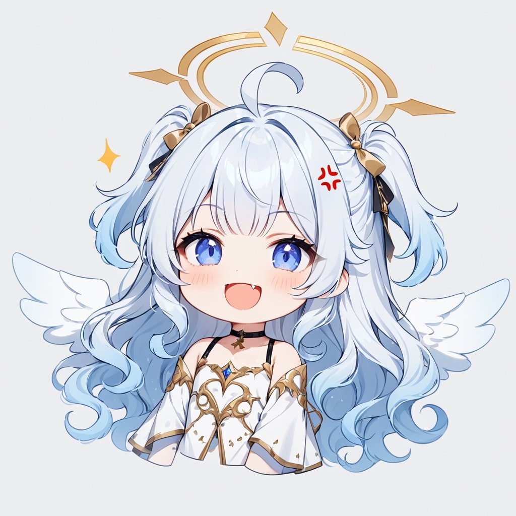 masterpiece, made by a master, 4k, perfect anatomy, perfect details, best quality, high quality, lots of detail.
1girl, angel, (white hair), long curly hair, (two side up), blue eyes,  (curly hair:1.2), (wavy hair), (hair curls), (bangs), (two side up), two (blue) hair ties on head, (Double golden halo on her head), choker, angel wings,ahoge,, single, looking at camera, smiling, fang, happy, slightly angry, chibi, Emote Chibi.
simple background,Line Chibi yellow,dal