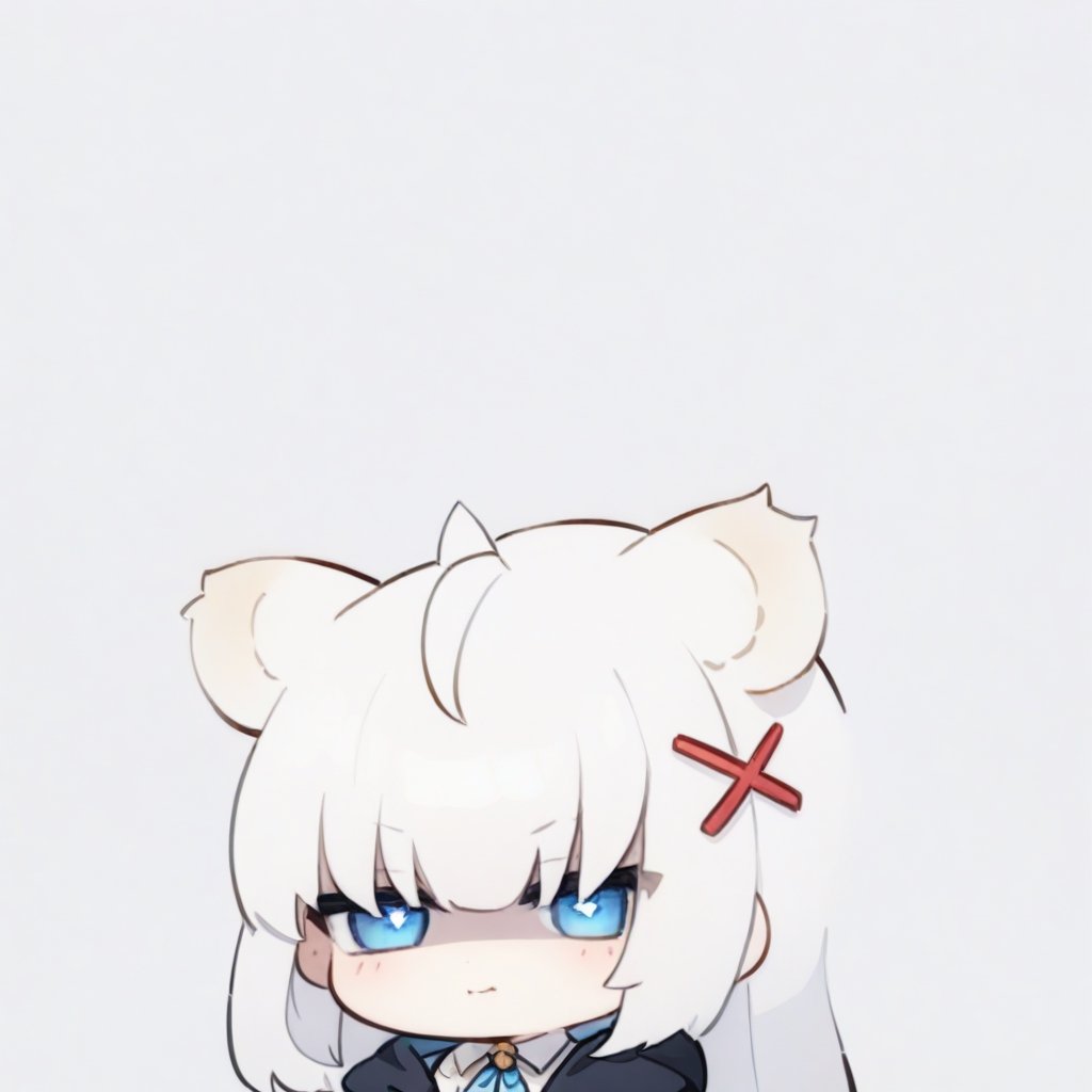 (chibi style), {{{masterpiece}}}, {{{best quality}}}, {{ultra-detailed}}, {beautiful detailed eyes},1girl, solo,  ((white hair)), very long hair, blue eyes, (straight hair), (bangs), animal ears, (stoat ears:1.2), Choker, ahoge, fangs, (big stoat Tail:1.2), (X hairpin), (White sleeveless collared dress, (Two-piece dress), (blue chest bow)), (black hooded oversized jacket:1.2), (Off the shoulders), ((shadow face:1.2)), (angry eyes), (closed mouth), upper body,chibi emote style,chibi,emote, cute,Emote Chibi,Line Chibi yellow