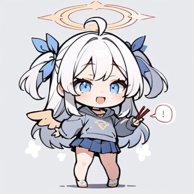  chibi, masterpiece, best quality, solo, 1girl, angel, (white hair), long curly hair, (two side up),blue eyes, (two blue ribbons on her hair), ((Double golden halo on her head)), choker, ((angel wings)), ahoge, full body, cute smile, best smile, open mouth, Wearing grey Hooded T-shirt, long sleeves, pleated skirt, (holding a pair of huge chopsticks), ,masterpiece,simple background, ,