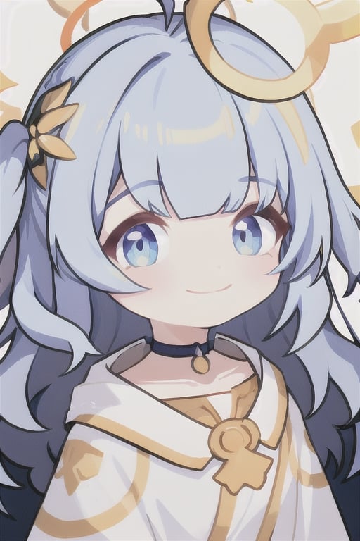 masterpiece, best quality, light smile, close-up, white background,sparklehsr,chibi,1girl, angel, white hair, long curly hair, (two side up), blue eyes,  (curly hair:1.2), (wavy hair), (hair curls), (blunt bangs), (two side up), two blue hair ties on head, (Double golden halo on her head), choker, angel wings,ahoge,, bangs, 