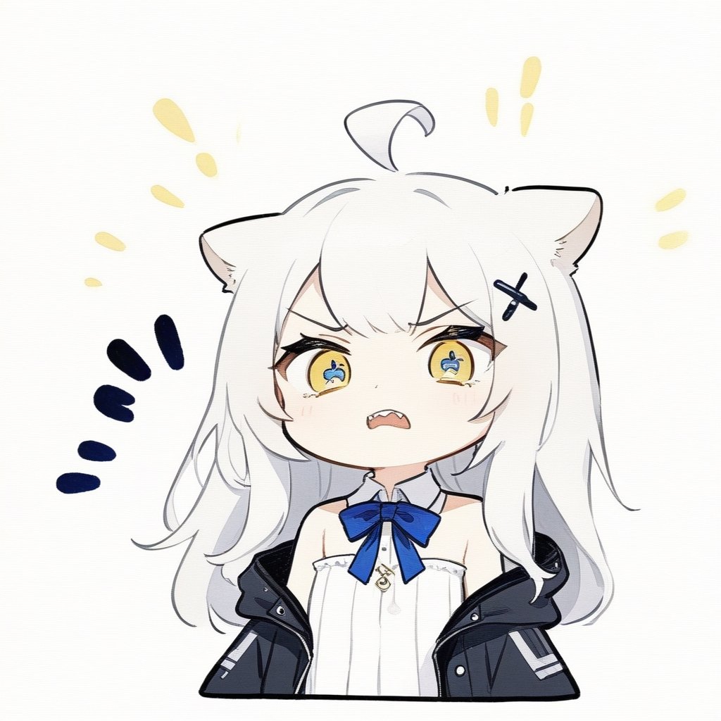 (chibi style), {{{masterpiece}}}, {{{best quality}}}, {{ultra-detailed}}, {beautiful detailed eyes},1girl, solo,  ((white hair)), very long hair, blue eyes, (straight hair), (bangs), animal ears, (stoat ears:1.2), Choker, ahoge, fangs, (big stoat Tail:1.2), (X hairpin), (White sleeveless collared dress, (Two-piece dress), (blue chest bow)), (black hooded oversized jacket:1.2), (Off the shoulders), ((shadow face:1.2)), (angry eyes), (closed mouth), upper body,chibi emote style,chibi,emote, cute,Emote Chibi,Line Chibi yellow