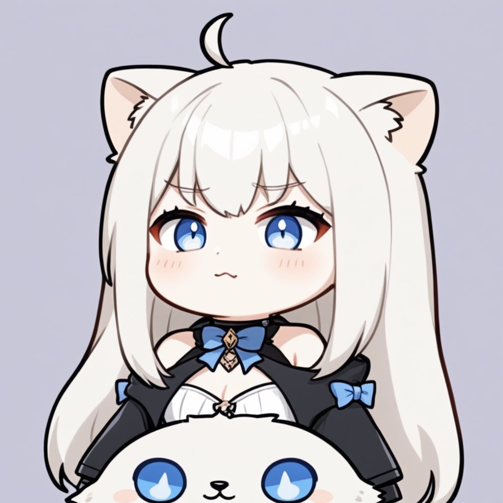 (chibi style), {{{masterpiece}}}, {{{best quality}}}, {{ultra-detailed}}, {beautiful detailed eyes},1girl, solo,  ((white hair)), very long hair, blue eyes, (straight hair), (bangs), animal ears, (stoat ears:1.2), Choker, ahoge, fangs, (big stoat Tail:1.2), (X hairpin), (White sleeveless collared dress, (Two-piece dress), (blue chest bow)), (black hooded oversized jacket:1.2), (Off the shoulders), ((shadow face:1.2)), (angry eyes), (closed mouth), upper body,chibi emote style,chibi,emote, cute,Emote Chibi,Line Chibi yellow,