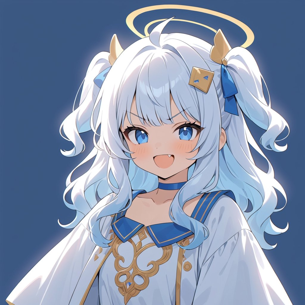 masterpiece, made by a master, 4k, perfect anatomy, perfect details, best quality, high quality, lots of detail.
1girl, (angel), (white hair), long curly hair, (two side up), blue eyes,  (curly hair:1.2), (wavy hair), (hair curls), (bangs), (two side up), two (blue) hair ties on head, (Double golden halo on her head), choker, ((angel wings)), ahoge, White dress with blue trim, single, looking at camera, smiling, fang, happy, slightly angry, chibi, Emote Chibi.
simple background, Line,cute comic,simple background, flat color,CHIBI,lineart