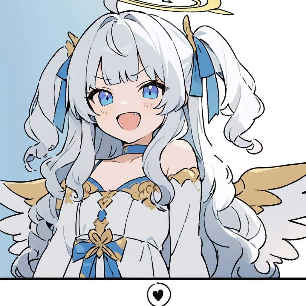 masterpiece, made by a master, 4k, perfect anatomy, perfect details, best quality, high quality, lots of detail.
1girl, angel, (white hair), long curly hair, (two side up), blue eyes,  (curly hair:1.2), (wavy hair), (hair curls), (bangs), (two side up), two (blue) hair ties on head, (Double golden halo on her head), choker, (angel wings), ahoge, White dress with blue trim, single, looking at camera, smiling, fang, happy, slightly angry, chibi, Emote Chibi.
simple background, Line,cute comic,simple background, flat color,CHIBI,lineart