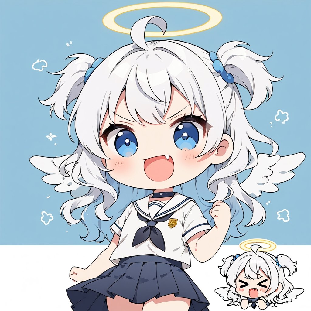 chibi, sd, masterpiece, made by a master, 4k, perfect anatomy, perfect details, best quality, high quality, lots of detail.
(solo),1girl, ((angel)), ((white hair)), long curly hair, (two side up), blue eyes,  (curly hair:1.2), (wavy hair), (hair curls), (bangs), (two side up), two ((blue)) hair ties on head, (Double golden halo on her head), choker, ((angel wings)), ahoge, school uniform,white shirt, black tie, Black pleated skirt, punching, single, open mouth, looking at viewer, smiling,((>_<)), fang, happy, slightly angry, chibi, Emote Chibi. simple background, Line,cute comic,simple background, flat color,chibi,Cute girl,dal,Emote Chibi,chibi style,Chibi Style,lineart,Comic Book-Style 2d,2d,