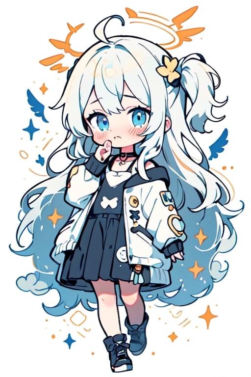cute, chibi, 1girl, (angel), white hair, long curly hair, (two side up), blue eyes,  (curly hair:1.2), (wavy hair), (hair curls)
, (bangs), ((two side up)), two blue hair ties on head, (Double golden halo on her head), choker, (angel wings), ahoge, fang, cute pose, solo, simple background,falling down,floating,in air,floating hair,Bubbles, refracted sunlight, light spots, sadness, lowered head,/shelly/
