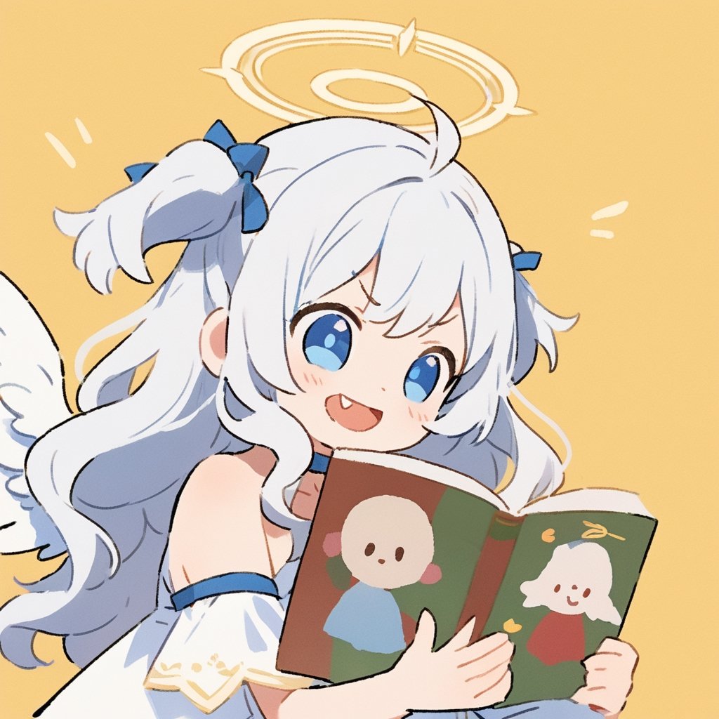 masterpiece, made by a master, 4k, perfect anatomy, perfect details, best quality, high quality, lots of detail.
1girl, angel, (white hair), long curly hair, (two side up), blue eyes,  (curly hair:1.2), (wavy hair), (hair curls), (bangs), (two side up), two (blue) hair ties on head, (Double golden halo on her head), choker, (angel wings), ahoge, White dress with blue trim, single, looking at camera, smiling, fang, happy, slightly angry, chibi, Emote Chibi.
simple background, Line,cute comic,simple background, flat color,no lineart,children's picture books