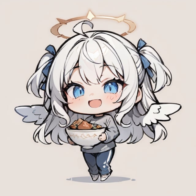  chibi, masterpiece, best quality, solo, 1girl, angel, (white hair), long curly hair, (two side up),blue eyes, (two blue ribbons on her hair), ((Double golden halo on her head)), choker, ((angel wings)), ahoge, full body, cute smile, best smile, open mouth, Wearing grey Hooded T-shirt, long sleeves, trousers, (holding huge bowl and chopsticks), ,masterpiece,simple background,chibi emote style