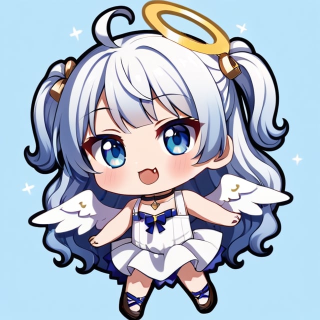 cute, kawaii, chibi, 1girl, (angel), ((white hair)), long curly hair, (two side up), blue eyes,  (curly hair:1.2), (wavy hair), (hair curls), (bangs), (two side up), two blue hair ties on head, (Double golden halo on her head), choker, ((angel wings)), ahoge, fang, White dress with blue lace trim, anime style, cute pose,chibi,simple background, flat color,dal,chibi style,Chibi Style,Anime ,SFW