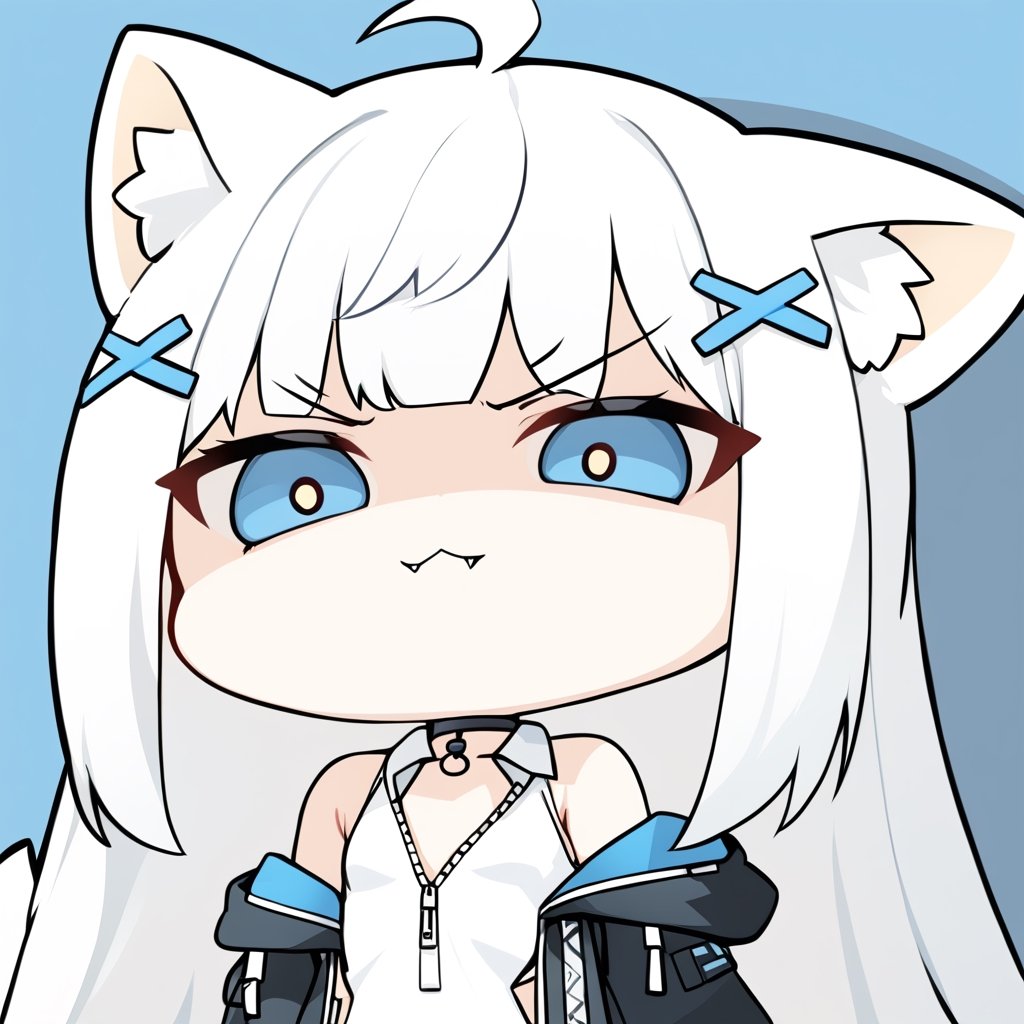 (chibi style), {{{masterpiece}}}, {{{best quality}}}, {{ultra-detailed}}, {beautiful detailed eyes},1girl, solo,  ((white hair)), very long hair, blue eyes, (straight hair), (bangs), animal ears, (stoat ears:1.2),
 Choker, ahoge, fangs, (big stoat Tail:1.2), (blue X hairpin), (White sleeveless collared dress, (midriff), blue chest bow), 
(black hooded oversized jacket:1.2), (jacket zipper half unzipped), (Off the shoulders), solo, small breasts, ((light white hair)), very long hair, (straight hair), (bangs), animal ears, (stoat ears:1.2), Choker, ahoge, fangs, (big fox Tail:1.2), (black hooded oversized jacket:1.2), (Off the shoulders), ((shadow face:1.2)), (angry eyes), (closed mouth), upper body,chibi emote style,chibi,emote, cute, looking with disgust,cutechibiprofile