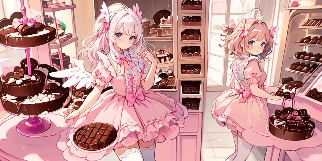 1girl, angel, white hair, long curly hair, blue eyes, two blue ribbons on her hair, (Double golden halo on her head), angel wings, ((selling chocolate for boyfriend at chocolate shop)), Pink patent leather maid, pink dress,white thighhighs,white apron,cross-laced clothes, masterpiece, best quality, looking at viewer, vintage fantasy, watercolor, warm pastel colour tone, colourpencil style, ((half body)),kawaii face,kawaiitech