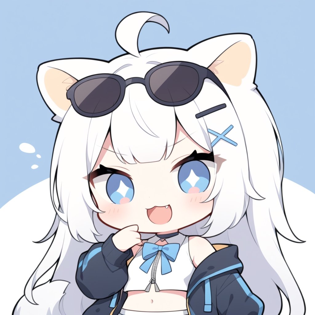 (chibi style), {{{masterpiece}}}, {{{best quality}}}, {{ultra-detailed}}, {beautiful detailed eyes}1girl, solo,  ((white hair)), very long hair, blue eyes, (straight hair), (bangs), animal ears, (stoat ears:1.2),
 Choker, ahoge, fangs, (big stoat Tail:1.2), (blue X hairpin), (White sleeveless collared dress, (midriff), (blue chest bow)), 
(black hooded oversized jacket:1.2), (jacket zipper half unzipped), (Off the shoulders), (rapping), (black sunglasses), upper body,chibi emote style,chibi,emote, cute,Emote Chibi,anime,cute comic,txznf,flat style,comic book