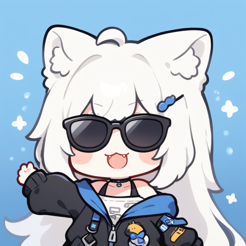 (chibi style), {{{masterpiece}}}, {{{best quality}}}, {{ultra-detailed}}, {beautiful detailed eyes}1girl, solo,  ((white hair)), very long hair, blue eyes, (straight hair), (bangs), animal ears, (stoat ears:1.2),
 Choker, ahoge, fangs, (big stoat Tail:1.2), (blue X hairpin), (black hooded oversized jacket:1.2), (jacket zipper half unzipped), (Off the shoulders), (rapping), (black sunglasses), upper body,chibi emote style,chibi,emote, cute,Emote Chibi,anime,cute comic,