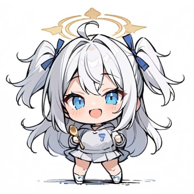  chibi, masterpiece, best quality, solo, 1girl, angel, (white hair), long curly hair, (two side up),blue eyes, (two blue ribbons on her hair), ((Double golden halo on her head)), choker, ((angel wings)), ahoge, full body, cute smile, best smile, open mouth, Wearing grey Hooded T-shirt, long sleeves, pleated skirt, (holding a maga huge spoon), ,masterpiece,simple background, ,