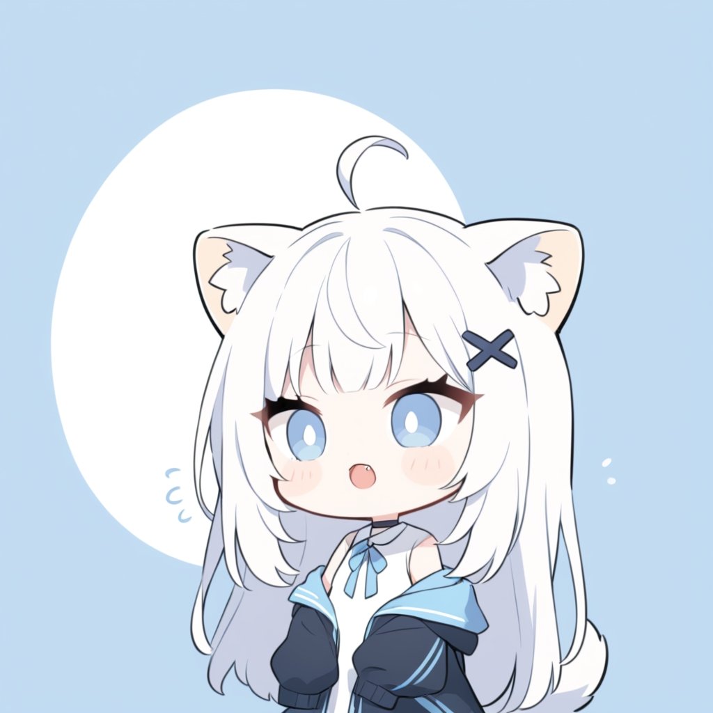 (chibi style), {{{masterpiece}}}, {{{best quality}}}, {{ultra-detailed}}, {beautiful detailed eyes},1girl, solo,  ((white hair)), very long hair, blue eyes, (straight hair), (bangs), animal ears, (stoat ears:1.2), Choker, ahoge, fangs, (big stoat Tail:1.2), (blue X hairpin), (White sleeveless collared dress, (Two-piece dress), (blue chest bow)), (black hooded oversized jacket:1.2), (Off the shoulders), (shock), (shocked expression), upper body,chibi emote style,chibi,emote, cute,Emote Chibi,anime,cute comic,txznf,