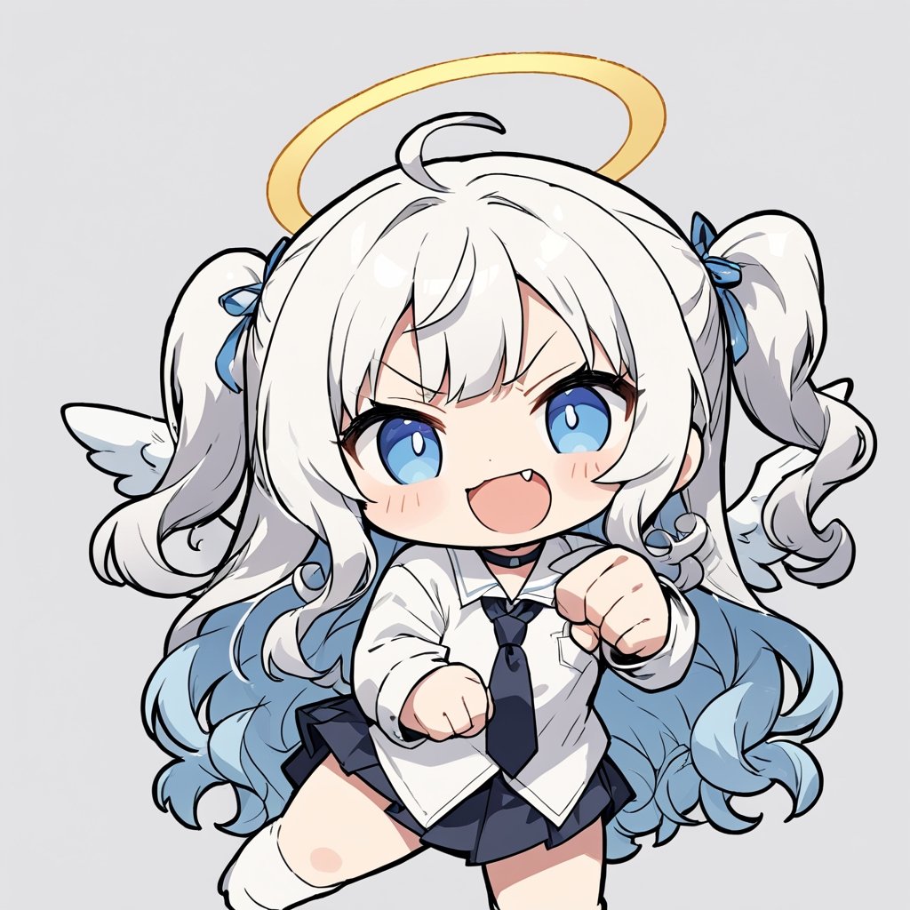 chibi, sd, masterpiece, made by a master, 4k, perfect anatomy, perfect details, best quality, high quality, lots of detail.
(solo),1girl, ((angel)), ((white hair)), long curly hair, (two side up), blue eyes,  (curly hair:1.2), (wavy hair), (hair curls), (bangs), (two side up), two ((blue)) hair ties on head, (Double golden halo on her head), choker, ((angel wings)), ahoge, school uniform,white shirt, black tie, Black pleated skirt, punching, single, open mouth, looking at viewer, smiling,((>_<)), fang, happy, slightly angry, chibi, Emote Chibi. simple background, Line,cute comic,simple background, flat color,chibi,Cute girl,dal,Emote Chibi,chibi style,Chibi Style,lineart,Comic Book-Style 2d,2d,