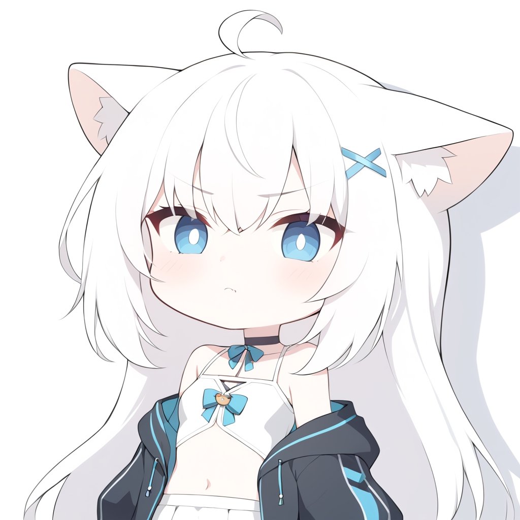 (chibi style), {{{masterpiece}}}, {{{best quality}}}, {{ultra-detailed}}, {beautiful detailed eyes},1girl, solo,  ((white hair)), very long hair, blue eyes, (straight hair), (bangs), animal ears, (stoat ears:1.2),
 Choker, ahoge, fangs, (big stoat Tail:1.2), (blue X hairpin), (White sleeveless collared dress, (midriff), blue chest bow), 
(black hooded oversized jacket:1.2), (jacket zipper half unzipped), (Off the shoulders), solo, small breasts, ((light white hair)), very long hair, (straight hair), (bangs), animal ears, (stoat ears:1.2), Choker, ahoge, fangs, (big fox Tail:1.2), (black hooded oversized jacket:1.2), (Off the shoulders), ((shadow face:1.2)), (angry eyes), (closed mouth), upper body,chibi emote style,chibi,emote, cute, looking with disgust,cutechibiprofile