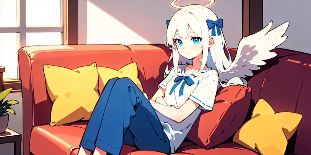  (Best Picture Quality, High Quality, Best Picture Score: 1.3), , Perfect Beauty Score: 1.5, long hair, 1girl, solo, angel, ((white hair)), (long curly hair), blue eyes, ((two blue ribbons on her hair)), (Double golden halo on her head), (angel wings), (cute outfit), Wearing a T-shirt and pajamas trousers, Squatting on the sofa, sad expression, beautiful, cute, masterpiece, best quality,