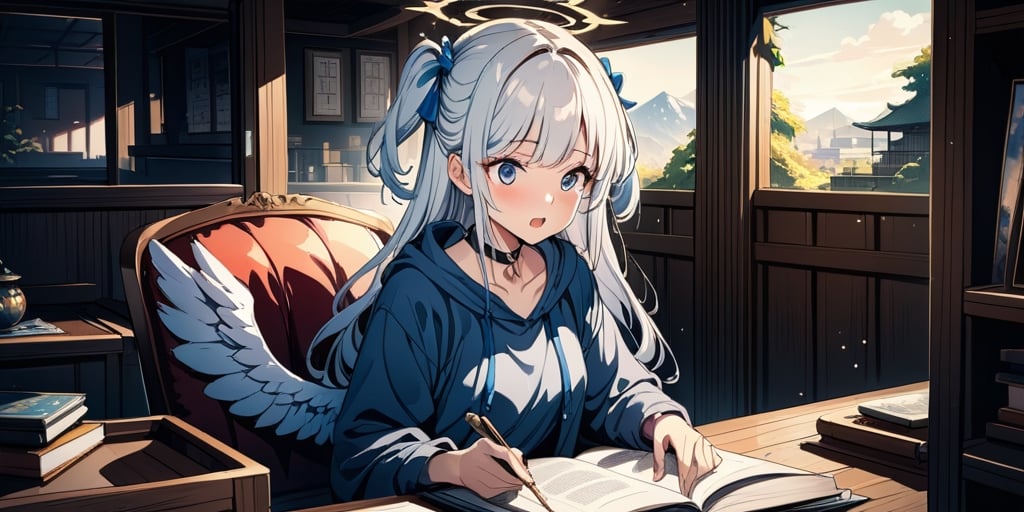 shiny, vibrant colors, female, masterpiece, sharp focus, best quality, depth of field, cinematic lighting, ((solo, one girl)), (illustration, 8k CG, extremely detailed), masterpiece, ultra-detailed,
1girl, angel, white hair, long curly hair, two side up,blue eyes, two blue ribbons on her hair, (Double golden halo on her head), choker, angel wings, Wearing grey Hooded T-shirt, on chair, open book on desk, in a japanese room, look in the camera with a surprised expression, her mouth agape in awe,watercolor \(medium\)
