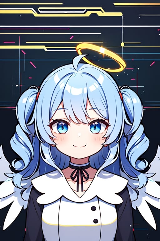 1girl, angel, white hair, long curly hair, (two side up), blue eyes,  (curly hair:1.2), (wavy hair), (hair curls)
, (bangs), (two side up), two blue hair ties on head, (Double golden halo on her head), bowtie choker, angel wings, ahoge, fang,,Glitching, glitch,upper body,smile,,masterpiece, high quality, best quality, highres,light