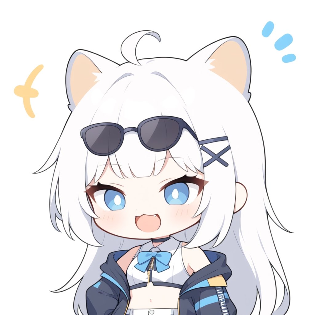 (chibi style), {{{masterpiece}}}, {{{best quality}}}, {{ultra-detailed}}, {beautiful detailed eyes}1girl, solo,  ((white hair)), very long hair, blue eyes, (straight hair), (bangs), animal ears, (stoat ears:1.2),
 Choker, ahoge, fangs, (big stoat Tail:1.2), (blue X hairpin), (White sleeveless collared dress, (midriff), (blue chest bow)), 
(black hooded oversized jacket:1.2), (jacket zipper half unzipped), (Off the shoulders), (rapping), (black sunglasses), upper body,chibi emote style,chibi,emote, cute,Emote Chibi,anime,cute comic,txznf,flat style,comic book