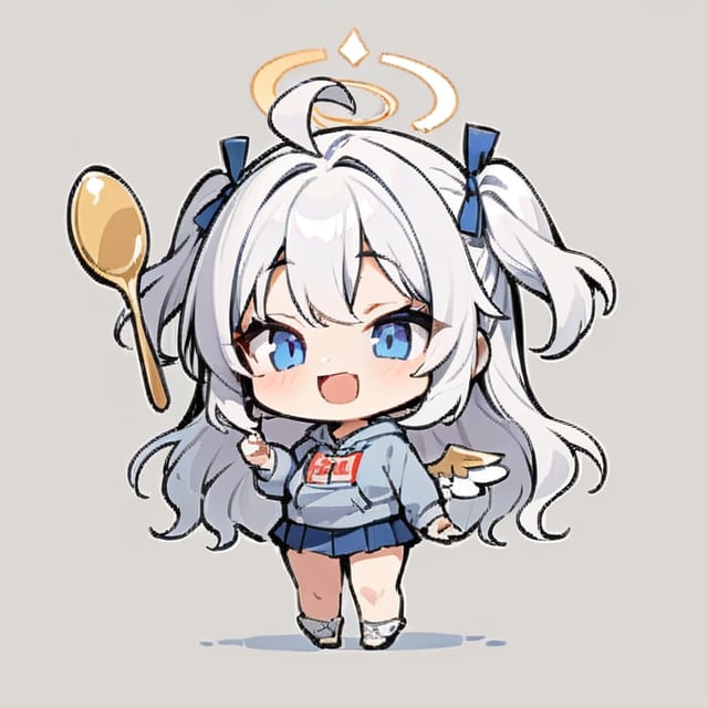  chibi, masterpiece, best quality, solo, 1girl, angel, (white hair), long curly hair, (two side up),blue eyes, (two blue ribbons on her hair), ((Double golden halo on her head)), choker, ((angel wings)), ahoge, full body, cute smile, best smile, open mouth, Wearing grey Hooded T-shirt, long sleeves, pleated skirt, (holding a maga huge spoon), ,masterpiece,simple background, ,more detail XL,chibi emote style
