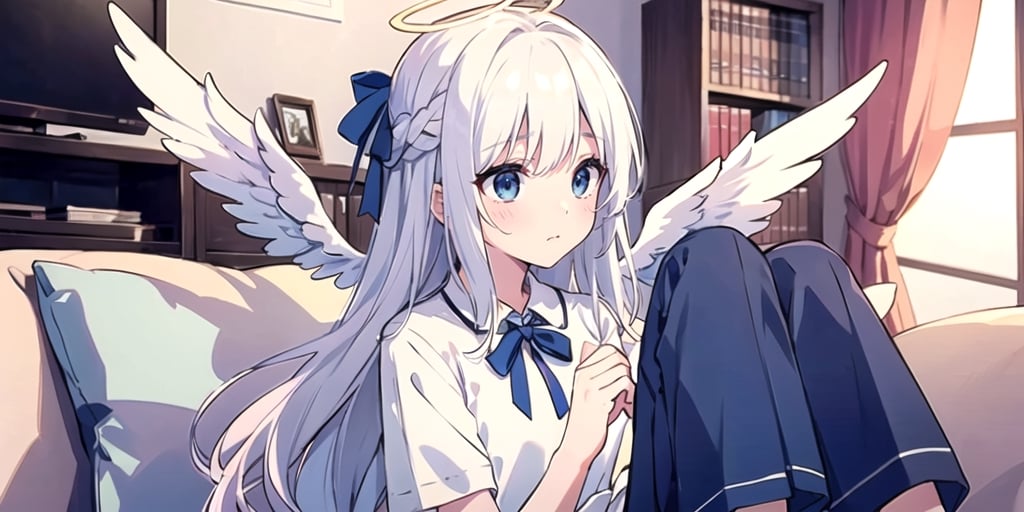  (Best Picture Quality, High Quality, Best Picture Score: 1.3), , Perfect Beauty Score: 1.5, long hair, 1girl, solo, angel, ((white hair)), (long curly hair), blue eyes, ((two blue ribbons on her hair)), (Double golden halo on her head), (angel wings), (cute outfit), Wearing a T-shirt and pajamas trousers, Squatting on the sofa, sad expression, beautiful, cute, masterpiece, best quality,