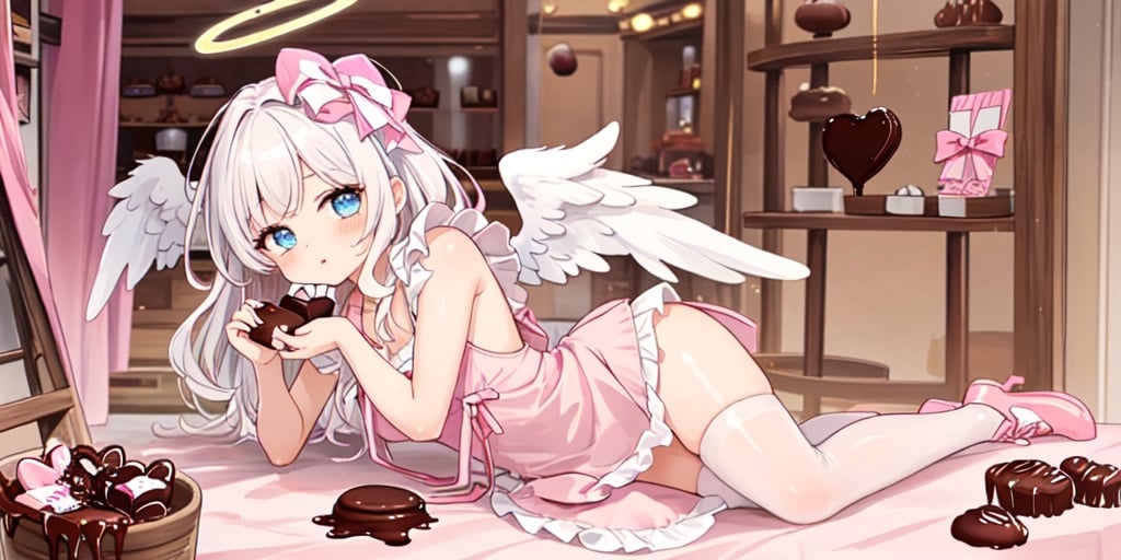 1girl, angel, white hair, long curly hair, blue eyes, two blue ribbons on her hair, (Double golden halo on her head), angel wings, ((selling chocolate for boyfriend at chocolate shop)), Pink patent leather maid, pink dress,white thighhighs,white apron,cross-laced clothes, masterpiece, best quality, looking at viewer, vintage fantasy, watercolor, warm pastel colour tone, colourpencil style, ((half body)),kawaii face,kawaiitech