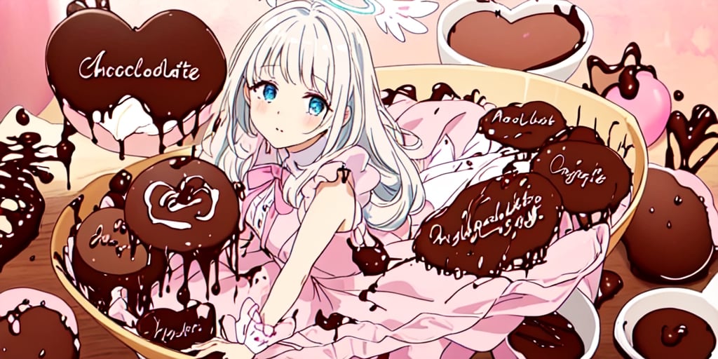 1girl, angel, white hair, long curly hair, blue eyes, two blue ribbons on her hair, (Double golden halo on her head), angel wings, ((selling chocolate for boyfriend at chocolate shop)), Pink patent leather maid, pink dress,white thighhighs,white apron,cross-laced clothes, masterpiece, best quality, looking at viewer, vintage fantasy, watercolor, warm pastel colour tone, colourpencil style, ((half body)),kawaii face,kawaiitech