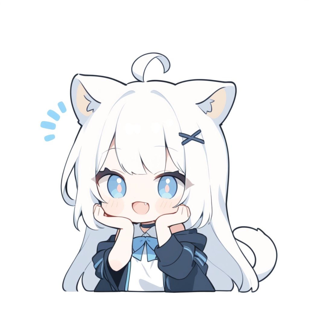 (chibi style), {{{masterpiece}}}, {{{best quality}}}, {{ultra-detailed}}, {beautiful detailed eyes},1girl, solo,  ((white hair)), very long hair, blue eyes, (straight hair), (bangs), animal ears, (stoat ears:1.2), Choker, ahoge, fangs, (big stoat Tail:1.2), (blue X hairpin), (White sleeveless collared dress, (Two-piece dress), (blue chest bow)), (black hooded oversized jacket:1.2), (Off the shoulders), (smiling), (hands on face), upper body,chibi emote style,chibi,emote, cute,Emote Chibi,anime,cute comic,txznf,flat style