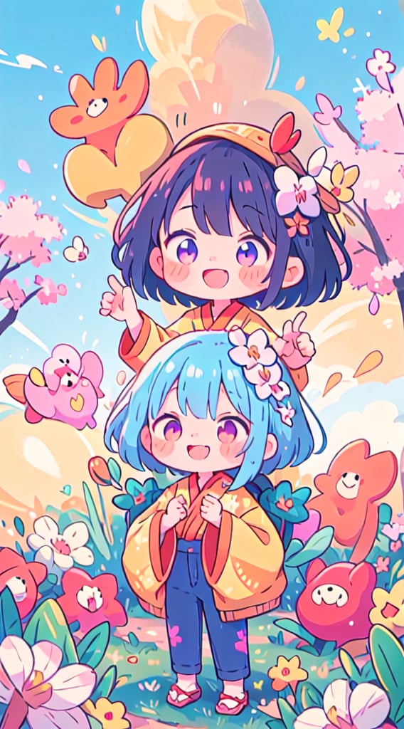 A beautifully detailed, high-quality image of a chibi-style girl.
The girl has blue hair and is looking up at the sky with a happy expression.
She is wearing a red hanfu adorned with jewelry, fully clothed.
Abstract, fractal art elements in the background with light particles.
Her left hand's orchid fingers are pinching a branch blooming with cherry blossoms.
Her right hand's orchid fingers are lightly pinching her left sleeve.