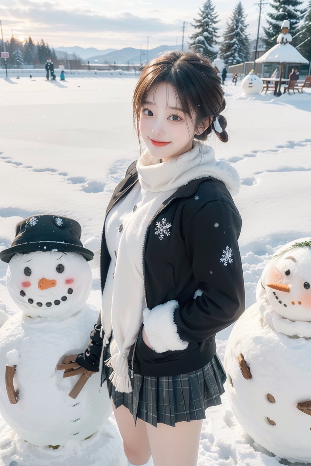 (Best quality, Masterpiece: 1.3), Perfect beauty: 1. 5, yui yuigahama, short hair, single hair bun, school uniform, black jacket, open jacket, ribbon, collared shirt, plaid skirt,(Smiling), (Very beautiful view), (Most amazing view), (One woman), ( Snow scene), (Plain background), Making snowman, One person, Small chest, Hair in wind Fluttering skirt, Fluffy mitten gloves, earmuffs, scarf, cute snowman, best smile, waving, mini character, three snowmen, jumping snowman, ((hugging snowman)), shovel, penguin,soojin,