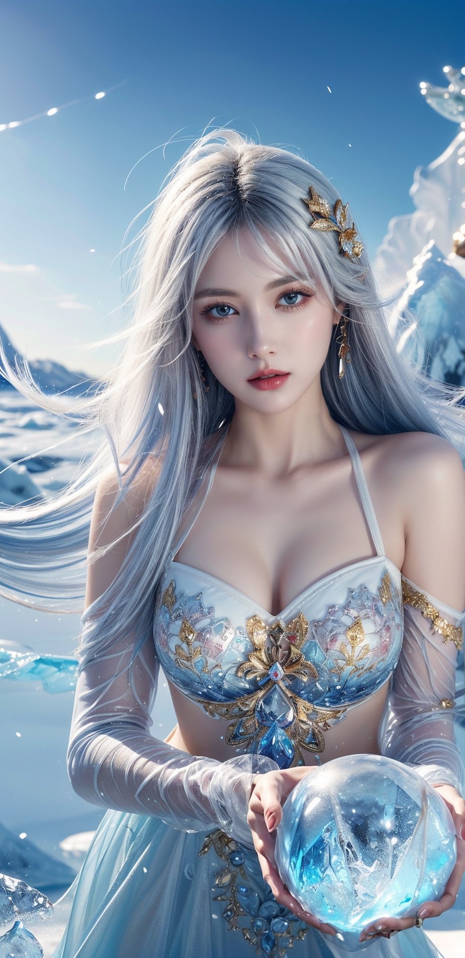 (masterpiece,  top quality,  best quality,  official art,  beautiful and aesthetic:1.2),  (1girl:1.2), ice fairy, cute,  light eyes,   beautiful face, ((Transparent heavenly plumage)),extreme detailed, (abstract:1.4,  fractal art:1.3), (shain gold hair:1.1),  fate \(series\),  colorful, highest detailed, blizzard, ice ball storm, lightning, Swirling frozen, flying ice orbs,ability to manipulate ice, (splash_art:1.2),  jewelry:1.4,  silver wear, scenery,  ink, icemancer, colorful_girl_v2,ice_sculpture,DonMPl4sm4T3chXL ,Circle