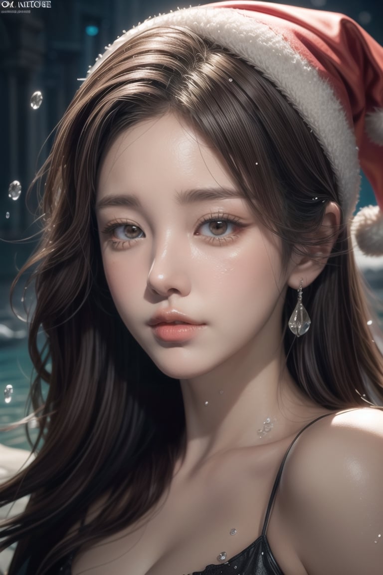 (portrait, ultra realistic illustration,octane render,vray,masterpiece, top quality, best quality, unreal engine,official art, beautiful and aesthetic:1.2), (1girl:1.2), cute, extreme detailed, (abstract:1.4, fractal art:1.3), christmas, colorful, highest detailed,  water, wind, ice, (splash_art:1.2), jewelry:1.4, santa_suit, scenery, ink,Soojin 