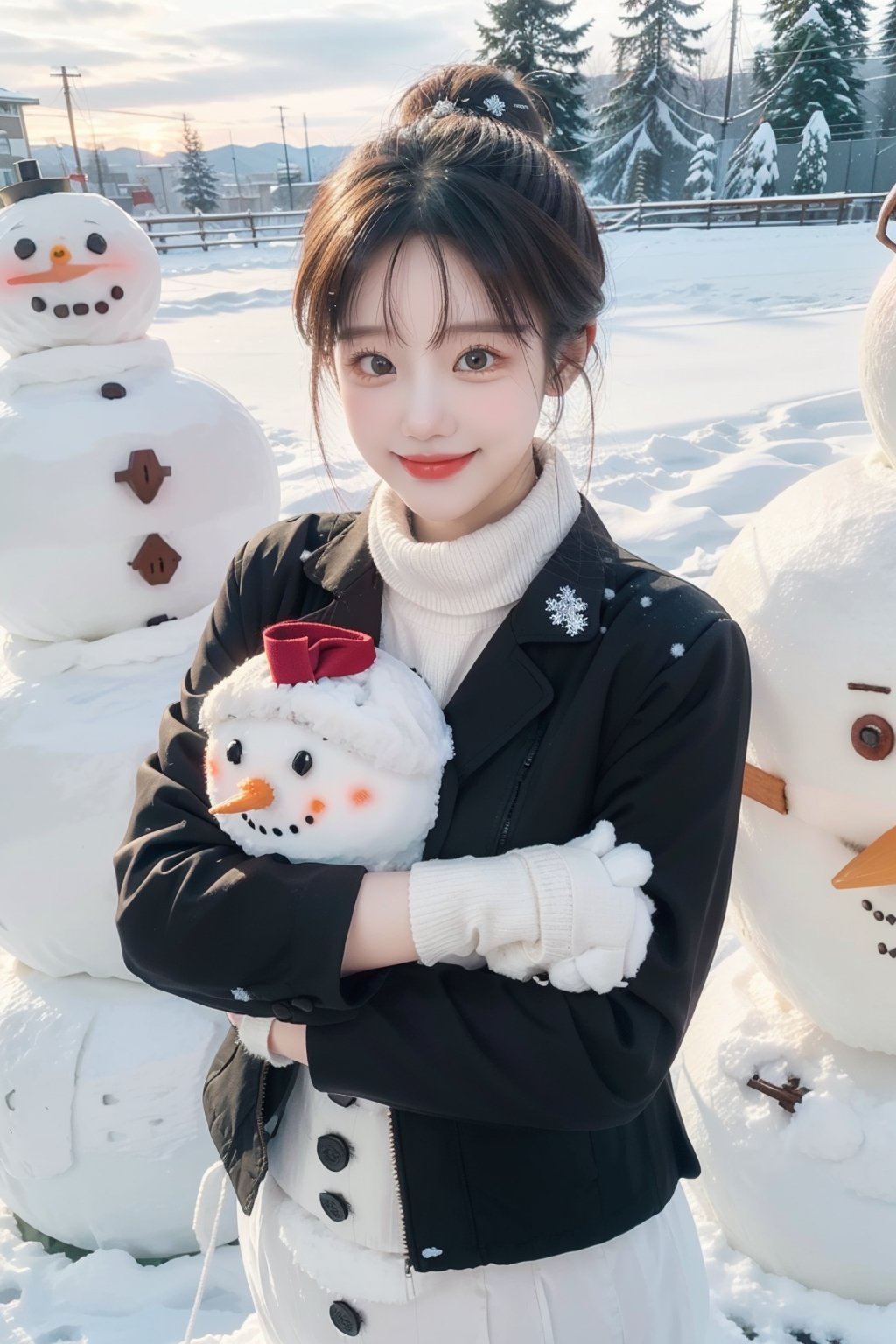 (Best quality, Masterpiece: 1.3), 8K, HD, Detailed face, Perfect beauty: 1. 5, yui yuigahama, short hair, single hair bun, school uniform, black jacket, open jacket, ribbon, collared shirt, plaid skirt,(Smiling), (Very beautiful view), (Most amazing view), (One woman), ( Snow scene), (Plain background), Making snowman, One person, Small chest, Hair in wind Fluttering skirt, Fluffy mitten gloves, earmuffs, scarf, cute snowman, best smile, waving, mini character, three snowmen, jumping snowman, ((hugging snowman)), shovel, penguin,soojin,