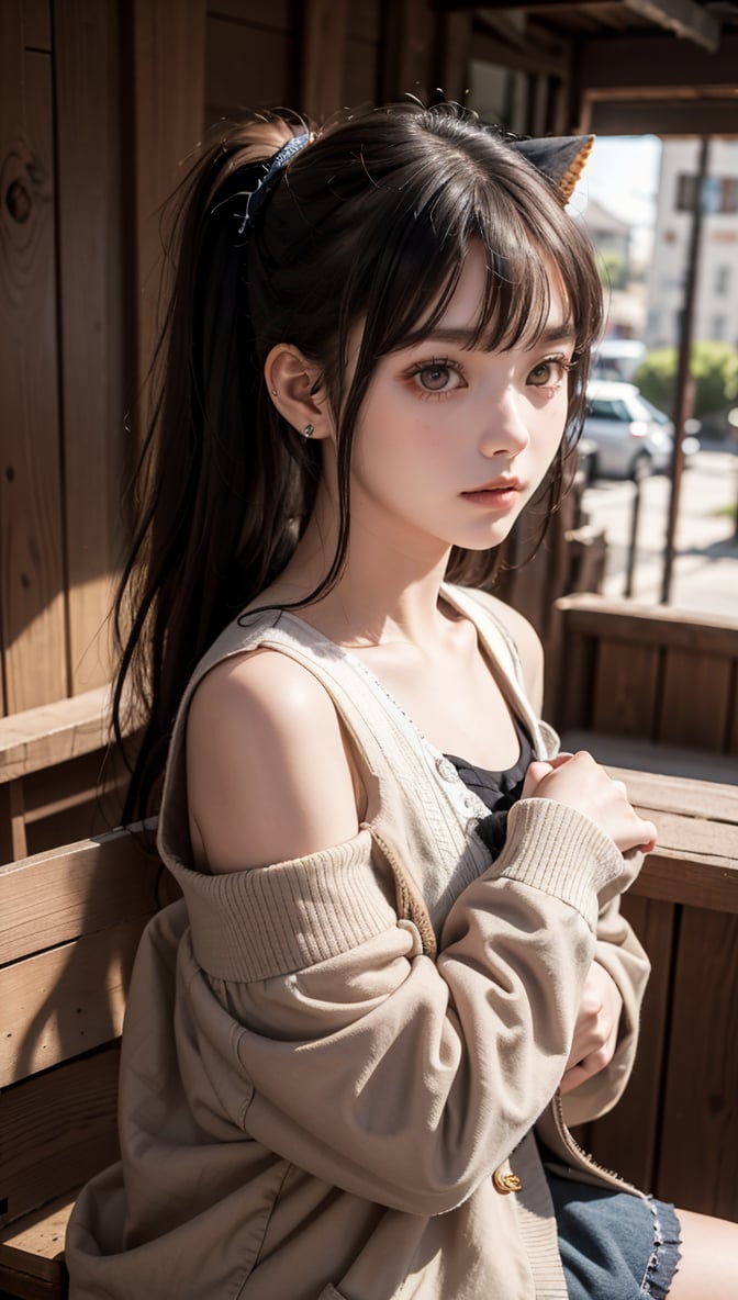 Super high resolution, masterpiece, top quality, high resolution face, detailed eyes, very difficult, perfect glowing skin, perfect lighting, detailed lighting, dramatic shadows, ray tracing, 16 years old, 1 girl, Inverted triangular face, slit eyes, ponytail, cat tail, red eyes, earrings, jewelry, black nails, off shoulder, black hair, long sleeves, bangs, nail polish, jacket, brown jacket, border, ear piercing, cat girl , collared shirt,, looking at the audience, (smile: 0.4), little_cute_girl, photo of a woman, Chihara