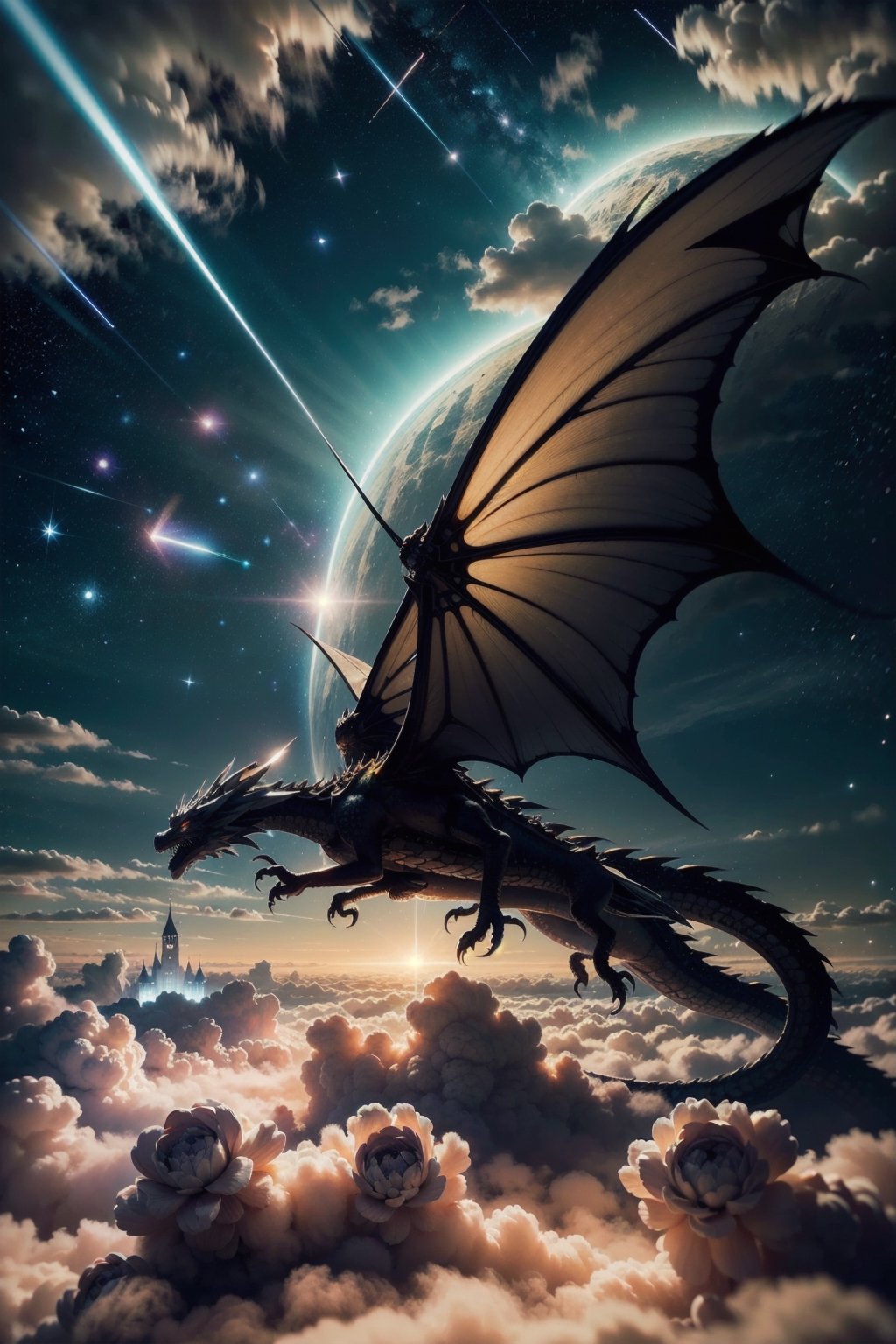photorealistic photography in high definition, of a mystical fantasy scene, closeup of a dragon, open wings, flowers and butterflies should be around it, with interstellar space visible in the sky, with golden luminous flashes and shooting stars and castle Elevated above the clouds, a mystical and enigmatic scene