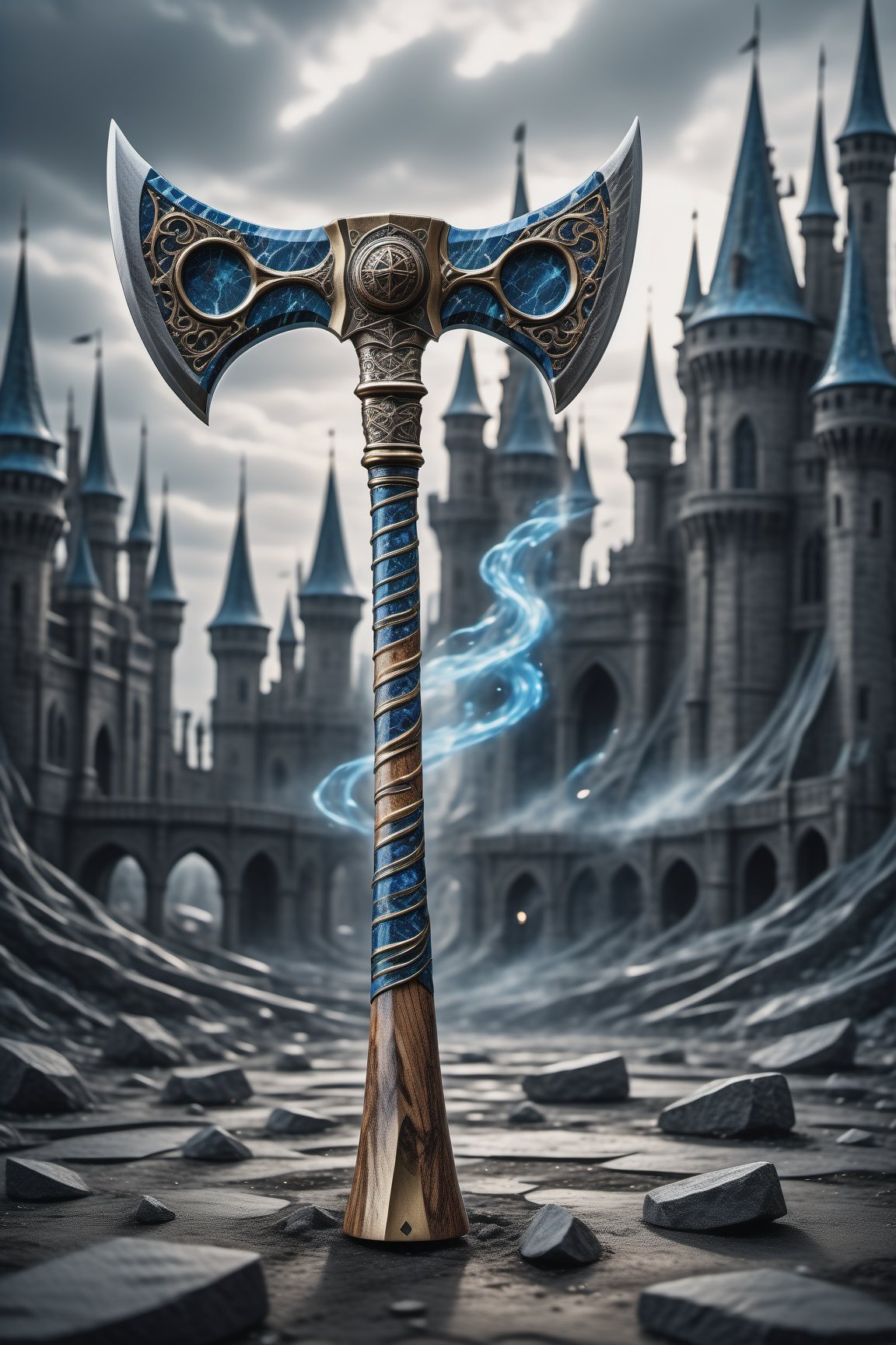 (best quality,  highres,  ultra high resolution,  masterpiece,  realistic,  extremely photograph,  detailed photo,  8K wallpaper,  intricate detail,  film grains),  High definition photorealistic photography of ultra luxury,  Design concept of premium collectible Gothic and Medieval-style axe, background blue,  set in a chaotic environment with swirling fire particles and a Gothic castle in the background. A luxurious design featuring marble,  glass,  and golden metal,  with black and white details. The design is inspired by the main stage of Tomorrowland 2022,  with ultra-realistic gothic details and a high level of intricacy in the image.