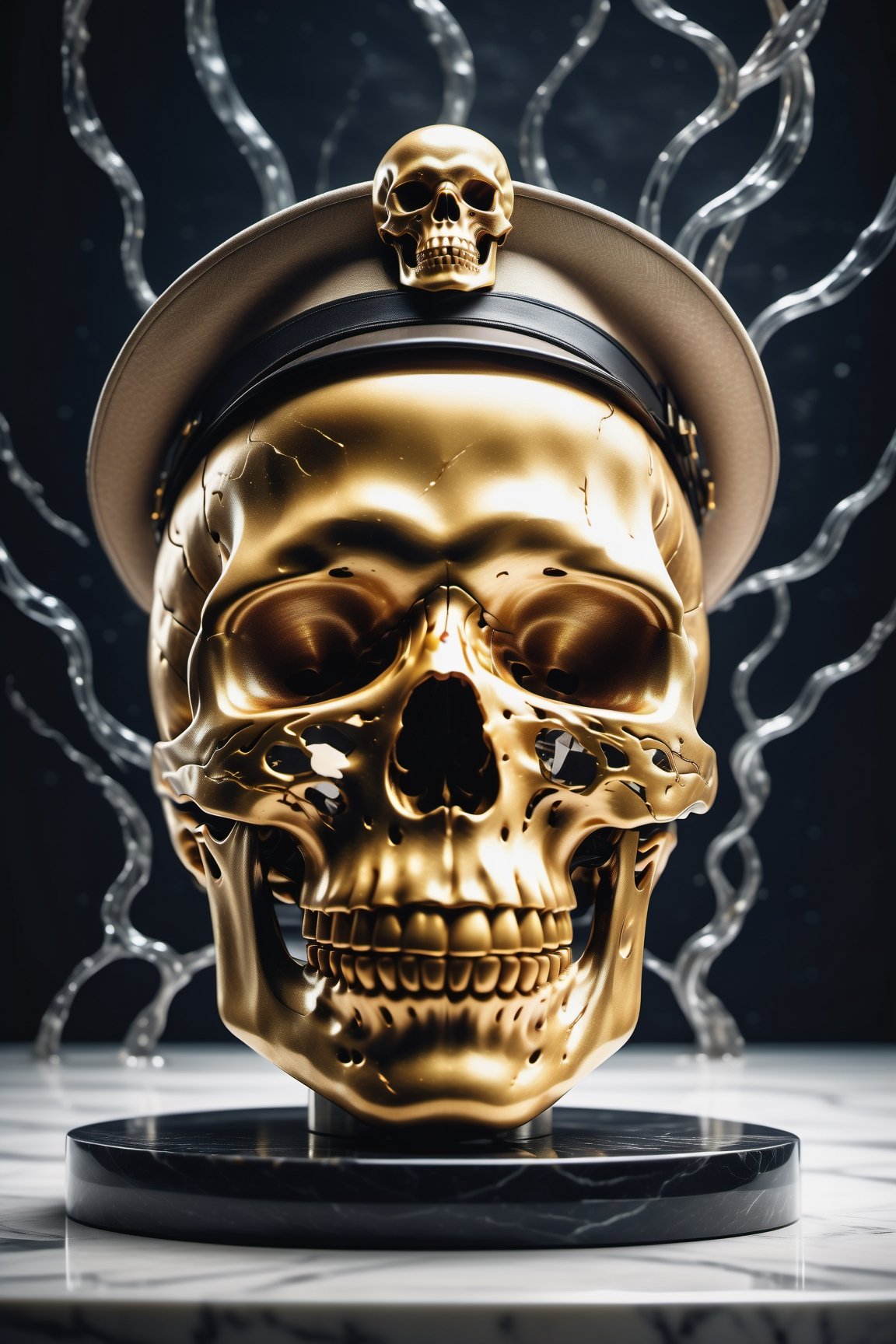 (best quality,  highres,  ultra high resolution,  masterpiece,  realistic,  extremely photograph,  detailed photo,  8K wallpaper,  intricate detail,  film grains), luxurious gold sculpture inside a hotel in parametric style of a skull with a hat, with marble and metal, a luxury scene in marble and metal and glass in art deco, on a parametric background of metal and marble, excessive luxury. This is a photographic scene designed with advanced photography, CGI and VFX parameters, in high definition, ensuring impeccable execution. high level of complexity in the image
