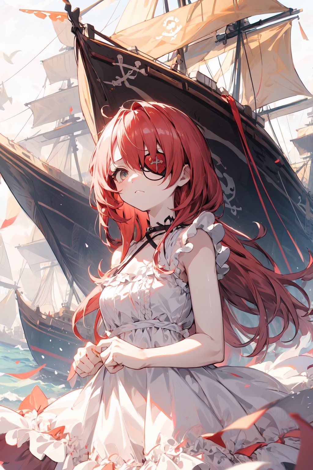 A girl wearing an eye patch,long red hair,white skin,wearing a fluffy pink dress with ruffles,pirate ship background, very sad.