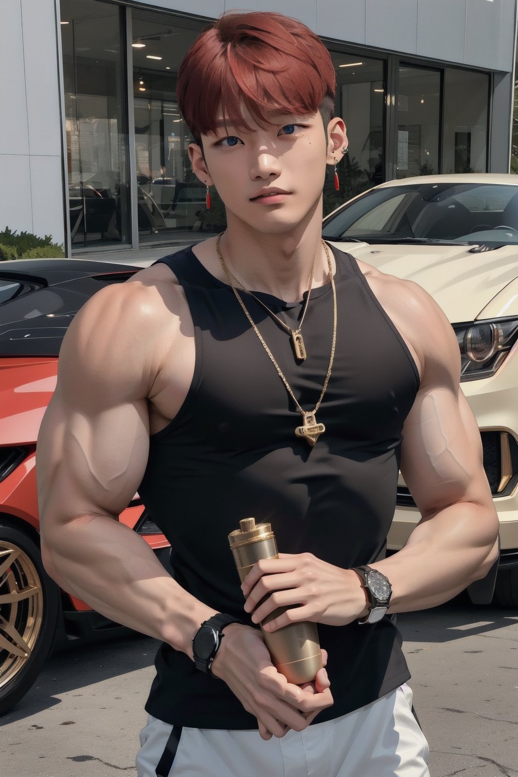 intricate detail, 18 year old, young handsome asian male wearing black tanktop, kpop,ikemen, blue eyes, handsome, earrings, gold necklace, luxuary golden omega watch,  red hair, muscle, physique, fitness model, wealthy, in front of black supercar