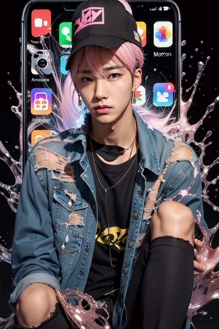 young  handsome male kpop idol with pink and blond hair, wears a black t-shirt cap, written "Hiro", denim jacket, black jeans, as if he wants to get out of the broken iPhone 13 screen, with a cold face, one leg is out, Black background