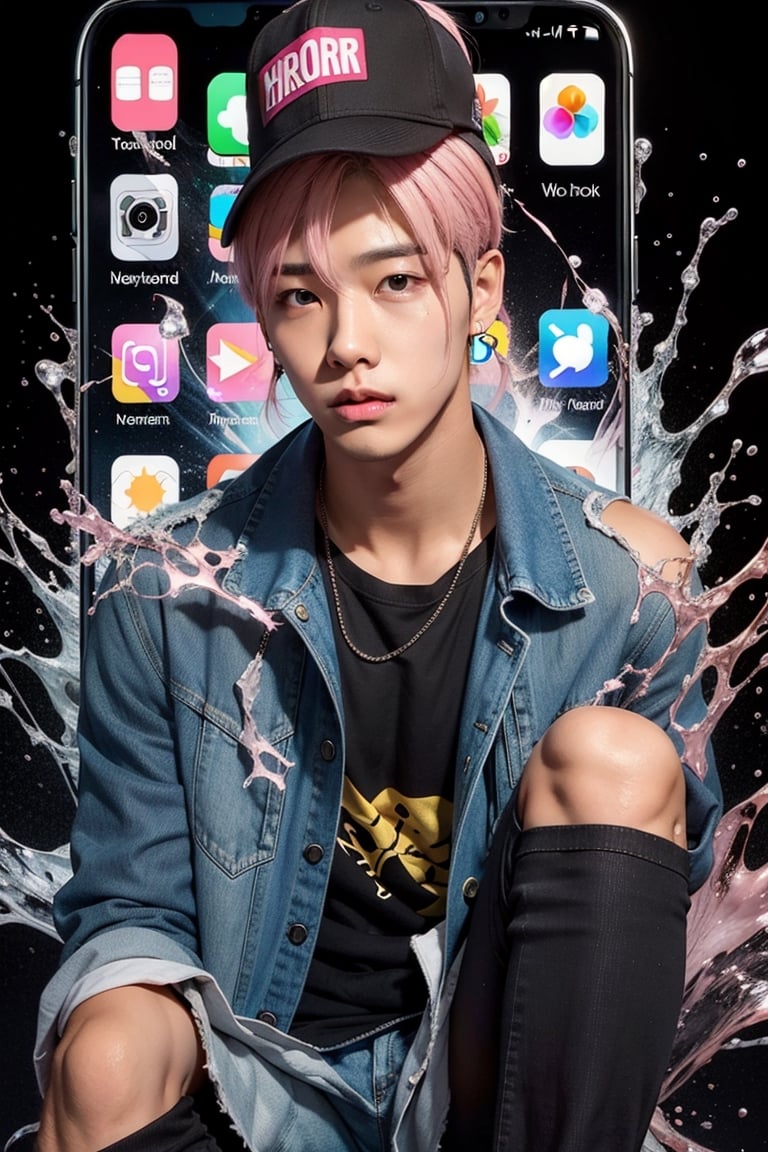 young  handsome male kpop idol with pink and blond hair, wears a black t-shirt cap, written "Hiro", denim jacket, black jeans, as if he wants to get out of the broken iPhone 13 screen, with a cold face, one leg is out, Black background