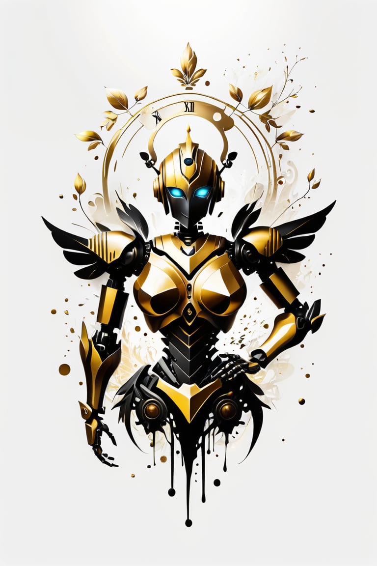 Logo on (((white background: 1.5))). creating splashes. splashes of paint, gold patterns, gold and black spirit,
 A picture of a robot composed of metal and wood with a clock in the middle of its chest, nature background, friendly, mythological, fairy tale, cinematic, elemental, enchanted, matte, chiaroscuro, textured, hyper detailed, high resolution